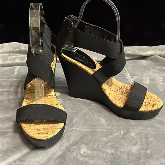 Charles By Charles David Pauline Black Elastic Wedge Sandals - Picture 1 of 12